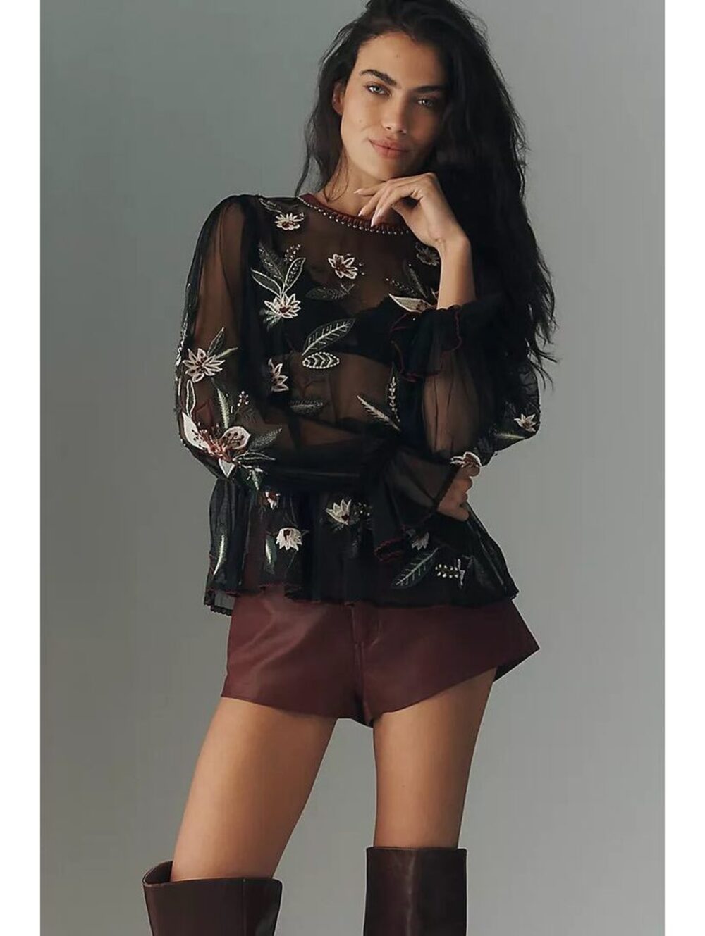 New By Anthropologie Long-Sleeve Mesh Babydoll Top Size S